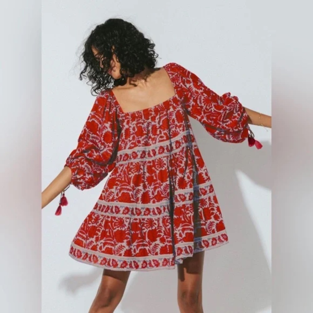 CLEOBELLA HATTIE MINI DRESS WITH BLOUSY SLEEVES IN RED AND PURPLE SIZE SMALL NWT